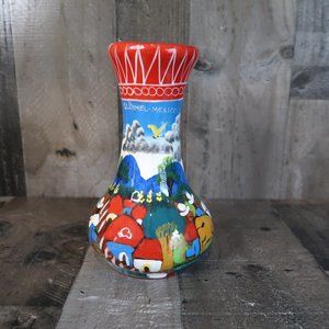 Cozumel Mexico Glazed Terra Cotta Folk Art Story Scene Vase Handpainted